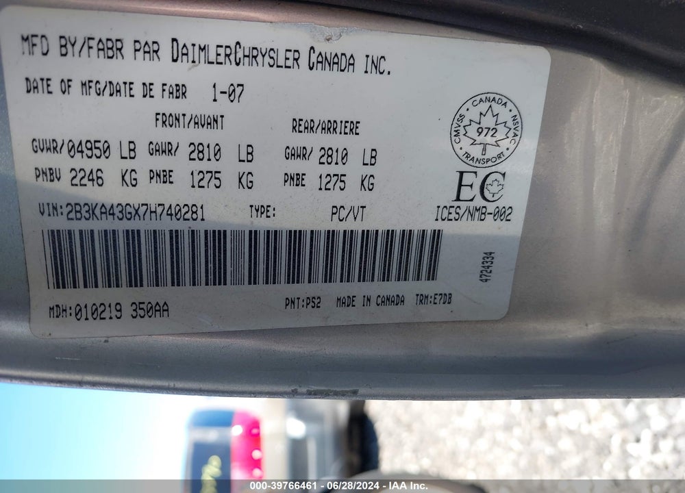 2007 DODGE CHARGER VIN: 2B3KA43GX7H740281