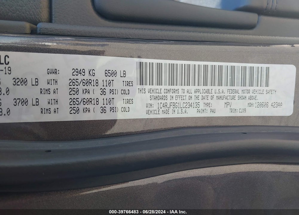 2020 JEEP GRAND CHEROKEE LIMITED 4X4 VIN: 1C4RJFBG1LC234135