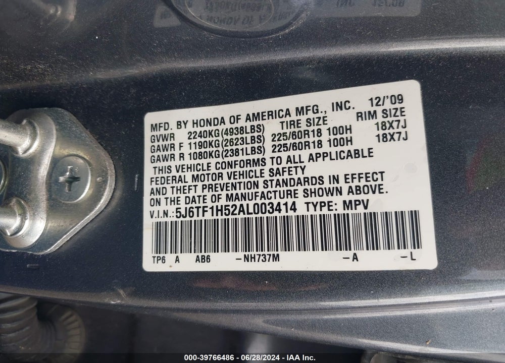 2010 HONDA ACCORD CROSSTOUR EX-L VIN: 5J6TF1H52AL003414