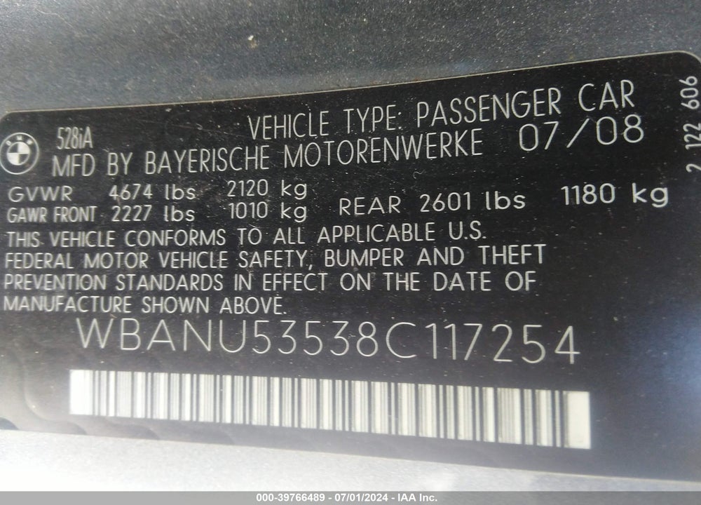 2008 BMW 528I VIN: WBANU53538C117254