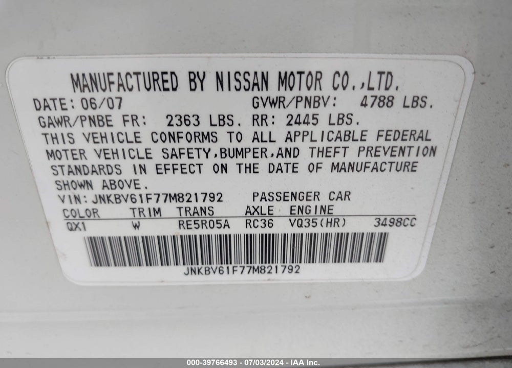 2007 INFINITI G35X VIN: JNKBV61F77M821792