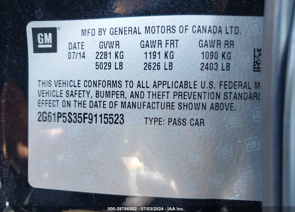 2015 CADILLAC XTS PREMIUM VIN: 2G61P5S35F9115523
