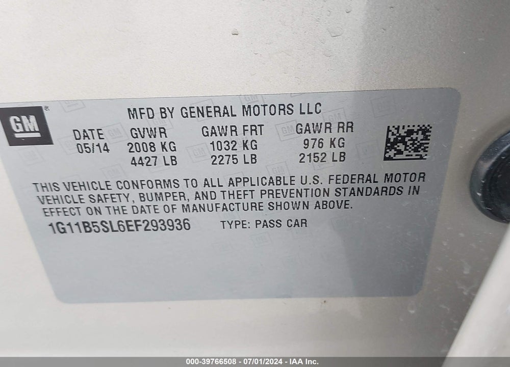 2014 CHEVROLET MALIBU 1LS VIN: 1G11B5SL6EF293936