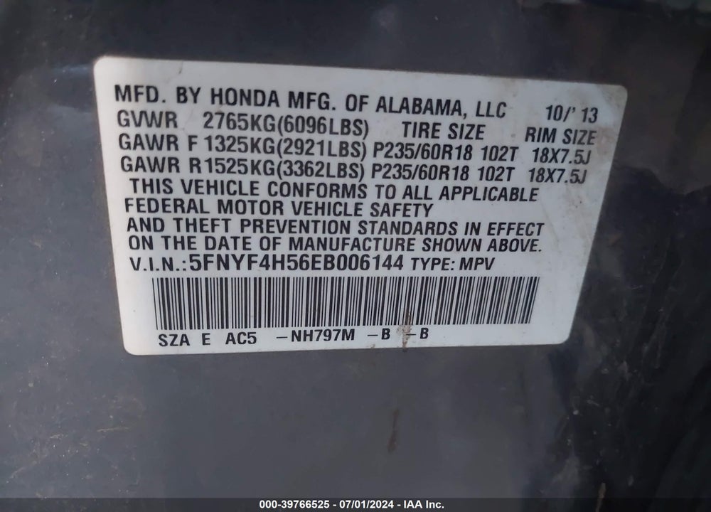 2014 HONDA PILOT EX-L VIN: 5FNYF4H56EB006144