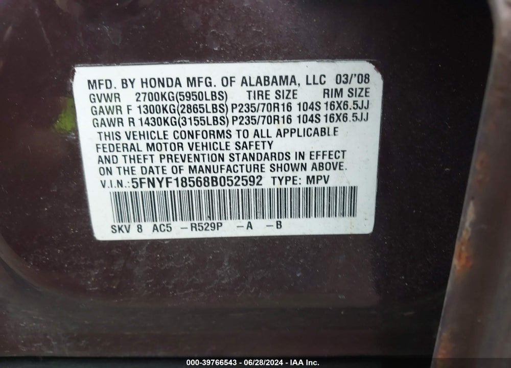 2008 HONDA PILOT EX-L VIN: 5FNYF18568B052592