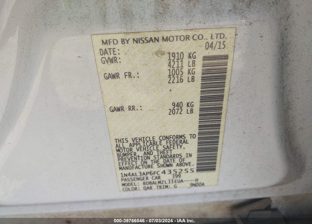 2015 NISSAN ALTIMA 2.5 SV VIN: 1N4AL3AP6FC435255