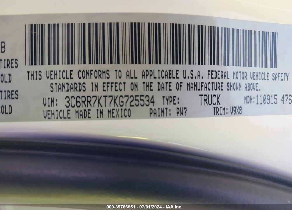 2019 RAM 1500 CLASSIC TRADESMAN 4X4 5'7 BOX VIN: 3C6RR7KT7KG725534