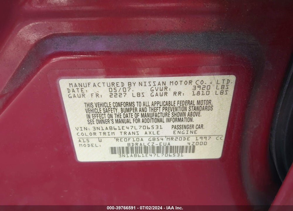 2007 NISSAN SENTRA 2.0 VIN: 3N1AB61E47L706531