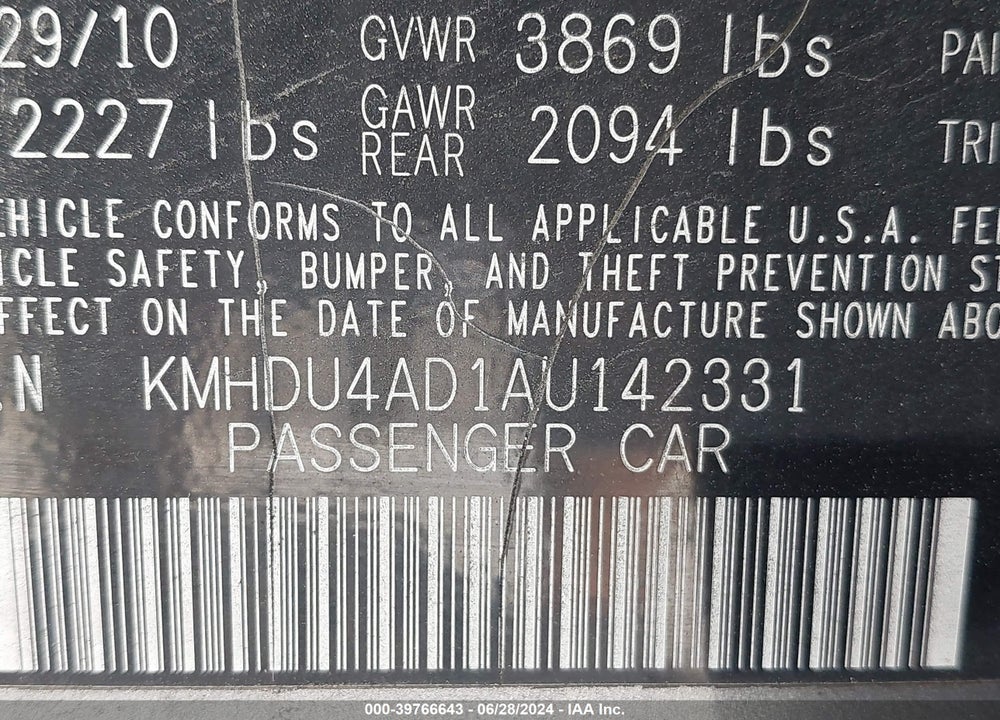 2010 HYUNDAI ELANTRA GLS VIN: KMHDU4AD1AU142331