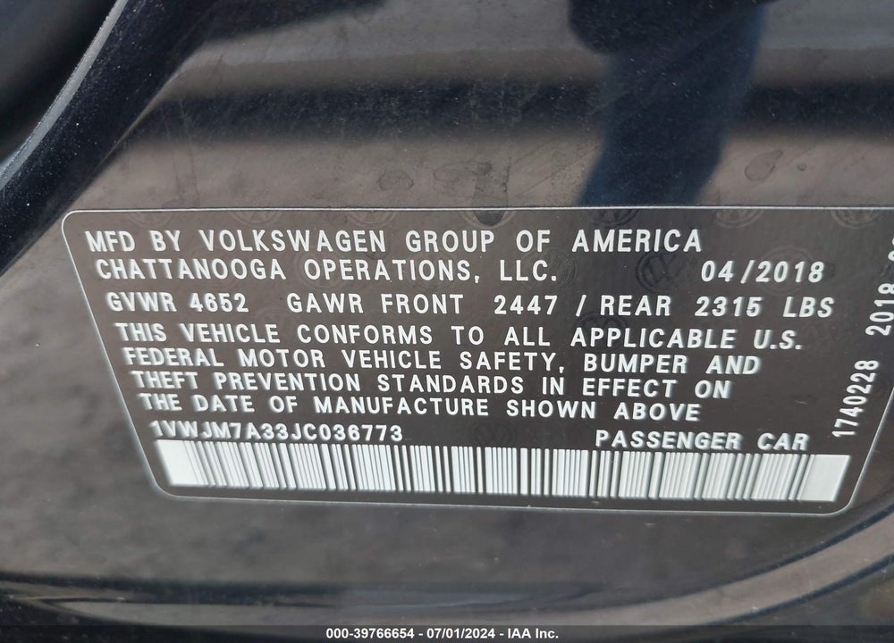 2018 VOLKSWAGEN PASSAT 3.6L V6 GT VIN: 1VWJM7A33JC036773