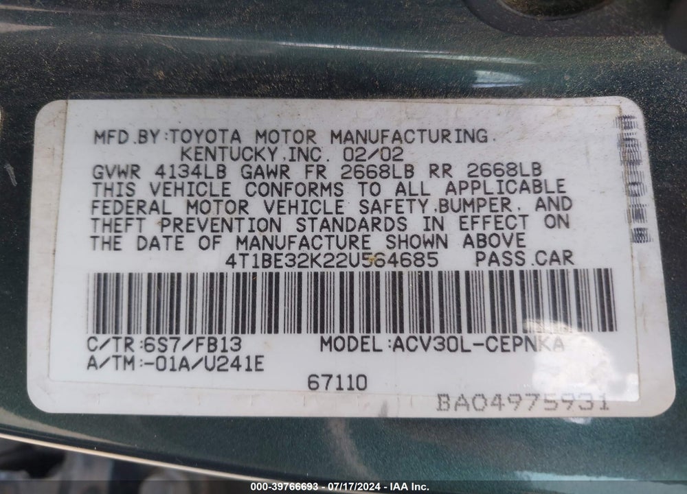 2002 TOYOTA CAMRY LE VIN: 4T1BE32K22U564685