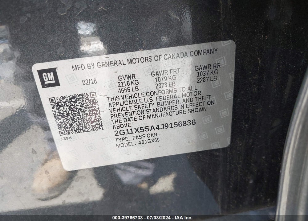 2018 CHEVROLET IMPALA 1FL VIN: 2G11X5SA4J9156836