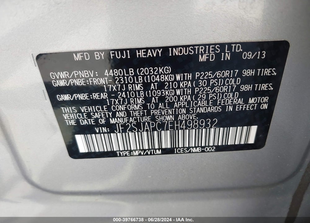 2014 SUBARU FORESTER 2.5I TOURING VIN: JF2SJAPC7EH498932
