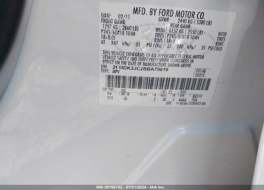 2011 FORD EDGE SEL VIN: 2FMDK3JC2BBA79819