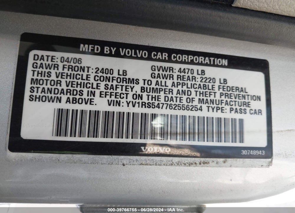 2006 VOLVO S60 T5 VIN: YV1RS547762556254