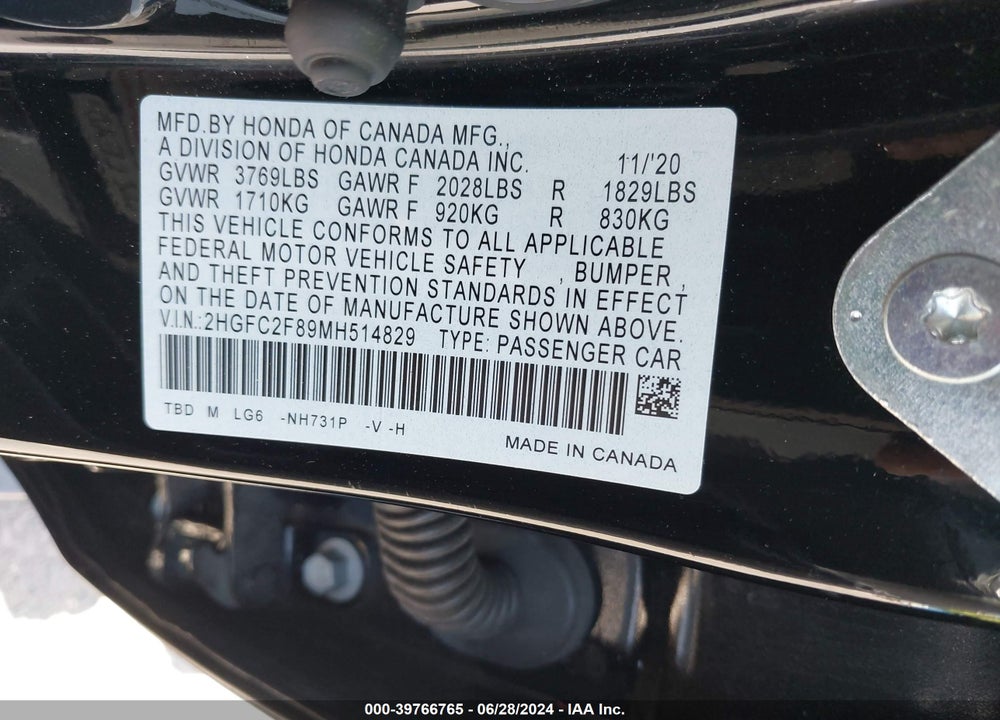 2021 HONDA CIVIC SPORT VIN: 2HGFC2F89MH514829