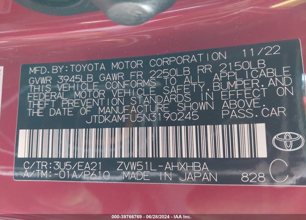 2022 TOYOTA PRIUS LIMITED VIN: JTDKAMFU5N3190245