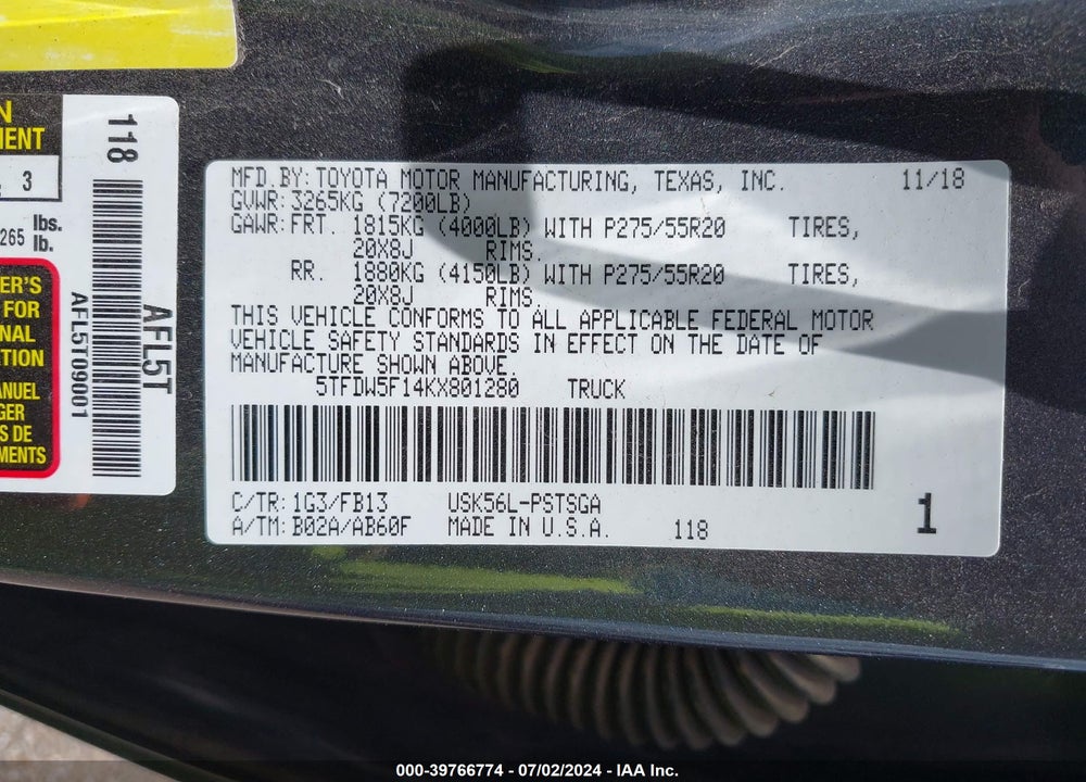 2019 TOYOTA TUNDRA SR5 5.7L V8 VIN: 5TFDW5F14KX801280