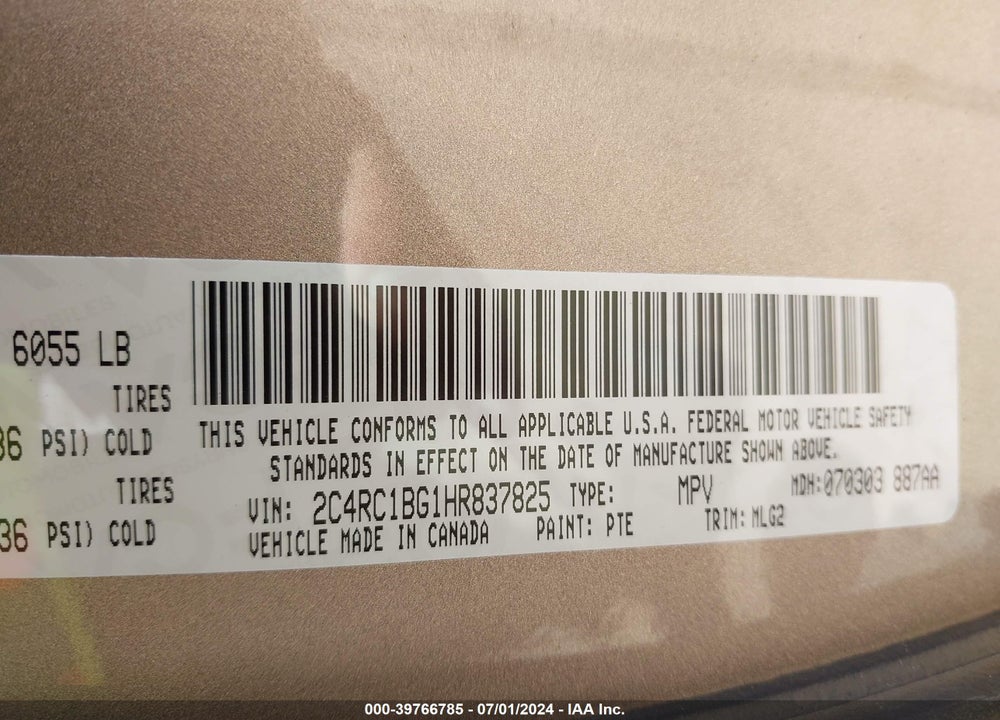 2017 CHRYSLER PACIFICA VIN: 2C4RC1BG1HR837825