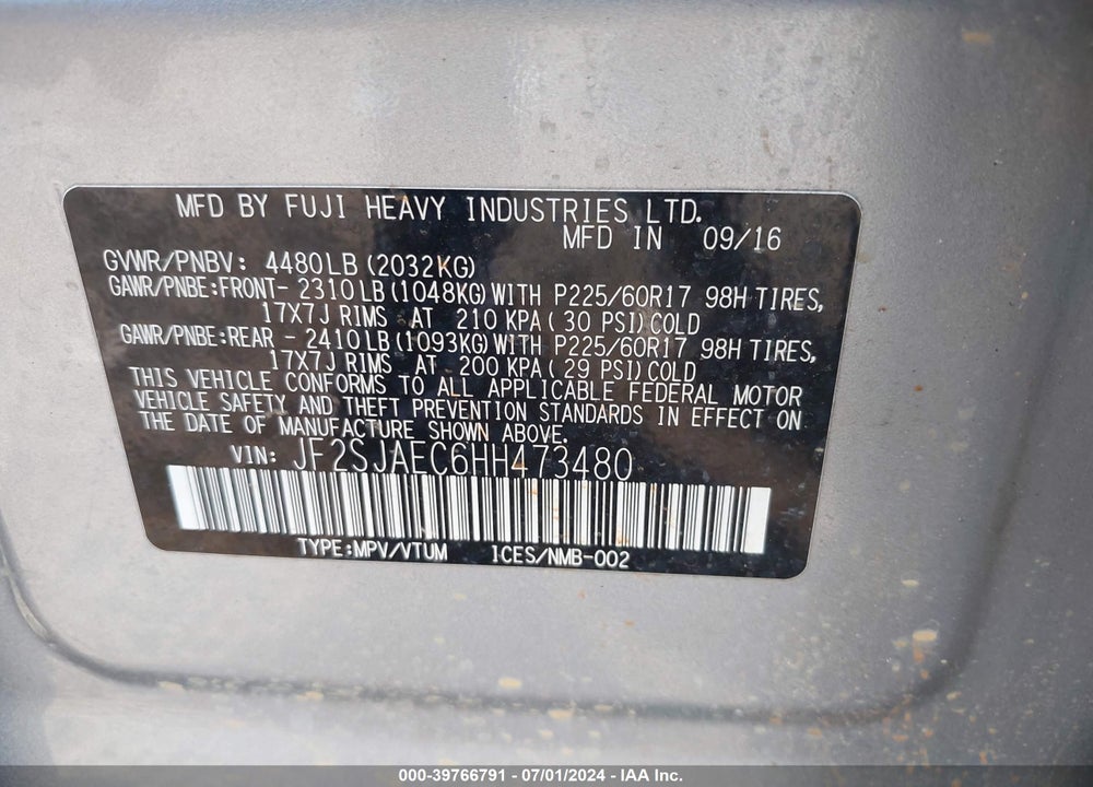 2017 SUBARU FORESTER PREMIUM VIN: JF2SJAEC6HH473480