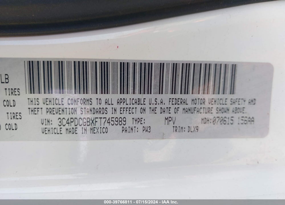 2015 DODGE JOURNEY CROSSROAD VIN: 3C4PDCGBXFT745989