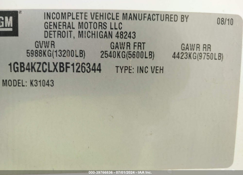 2011 CHEVROLET SILVERADO 3500HD CHASSIS WORK TRUCK VIN: 1GB4KZCLXBF126344