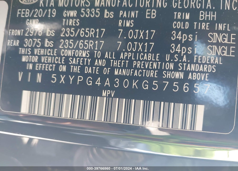 2019 KIA SORENTO 2.4L LX VIN: 5XYPG4A30KG575657