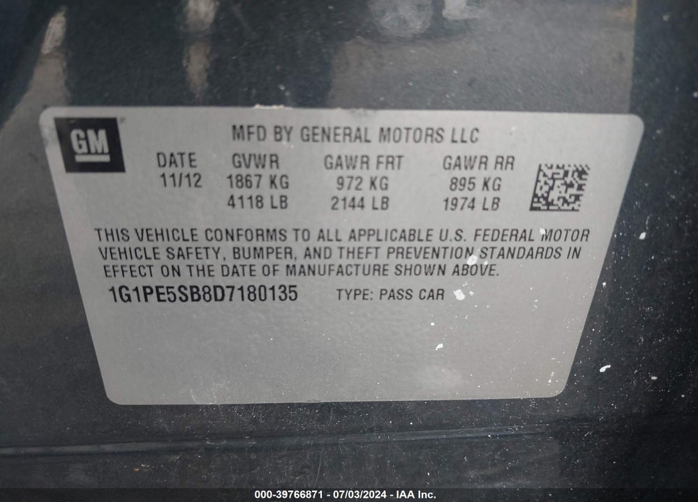 2013 CHEVROLET CRUZE 2LT AUTO VIN: 1G1PE5SB8D7180135