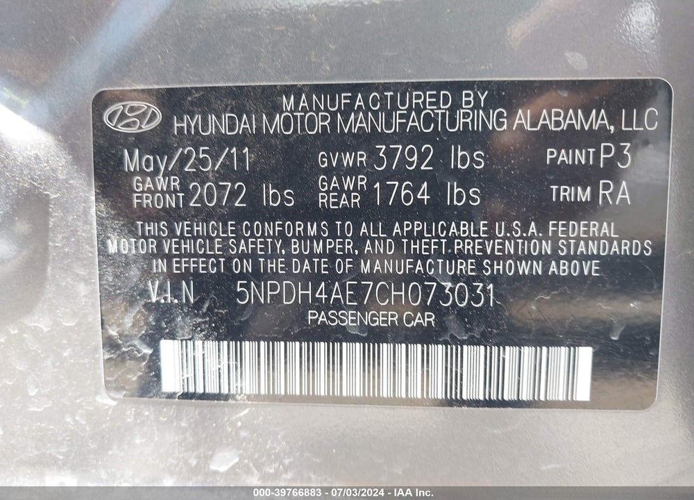 2012 HYUNDAI ELANTRA GLS VIN: 5NPDH4AE7CH073031