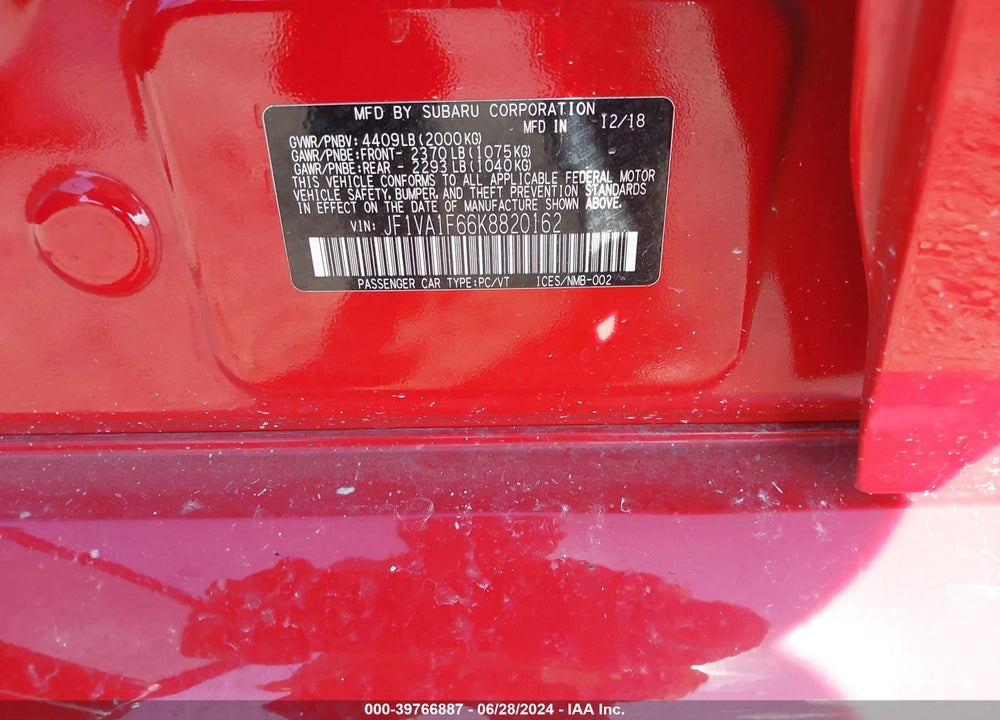 2019 SUBARU WRX PREMIUM VIN: JF1VA1F66K8820162