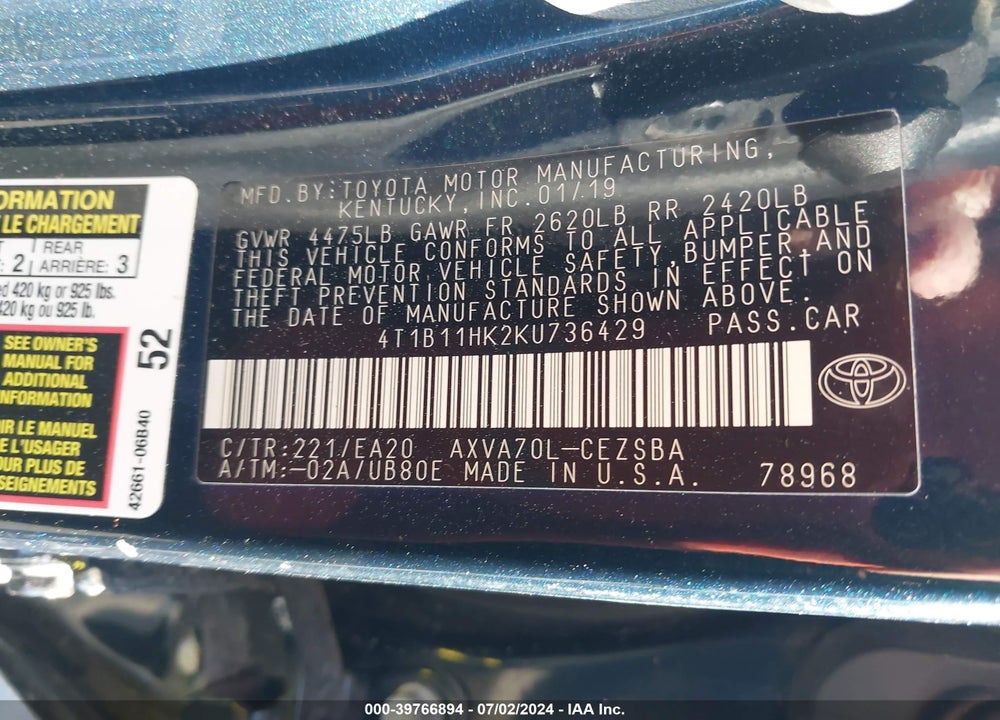 2019 TOYOTA CAMRY SE VIN: 4T1B11HK2KU736429