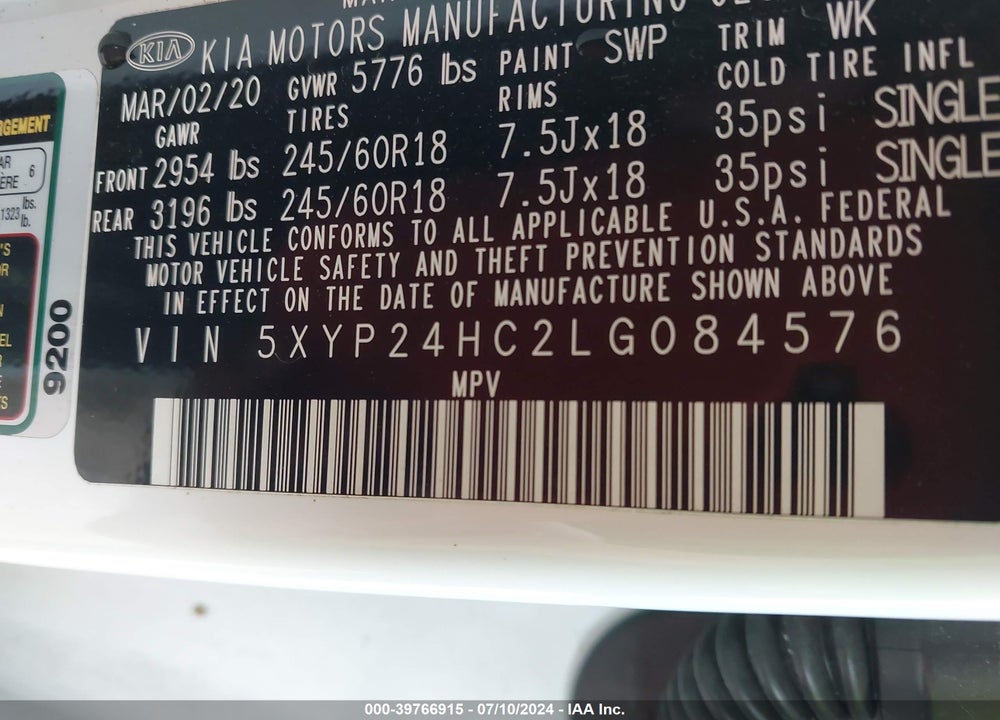 2020 KIA TELLURIDE LX VIN: 5XYP24HC2LG084576