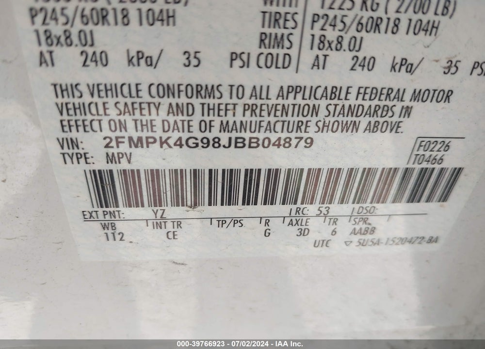 2018 FORD EDGE SE VIN: 2FMPK4G98JBB04879