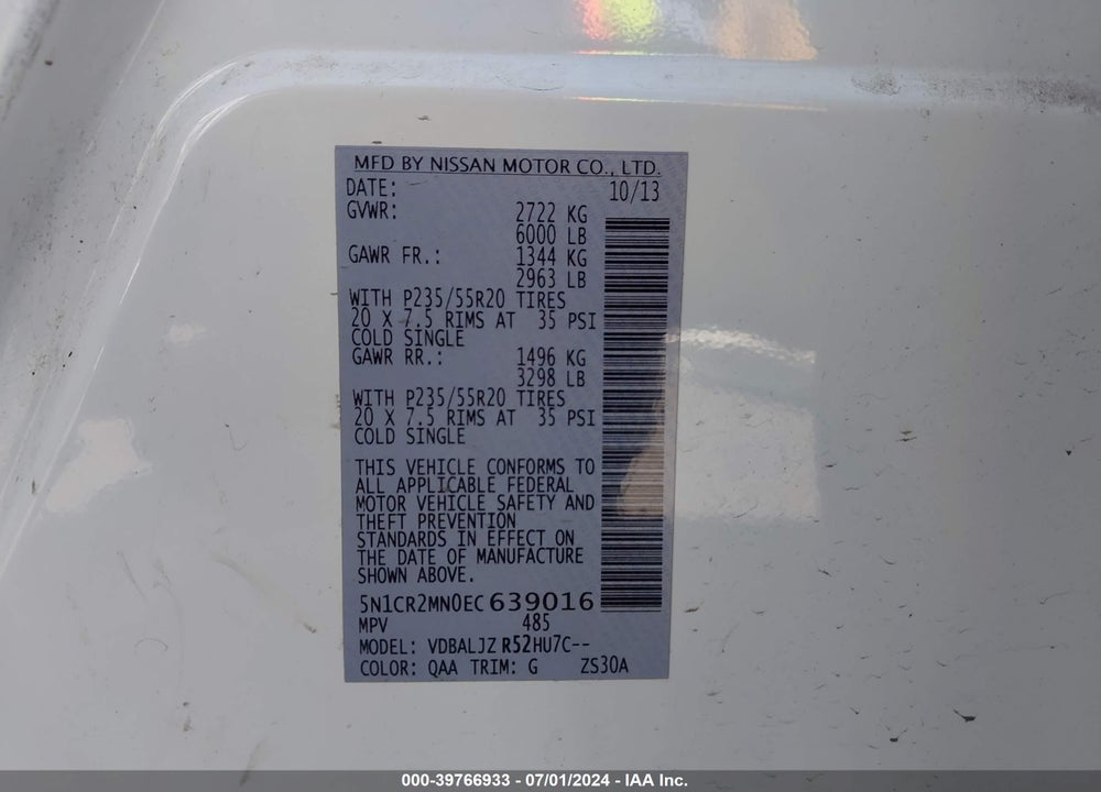 2014 NISSAN PATHFINDER HYBRID PLATINUM VIN: 5N1CR2MN0EC639016