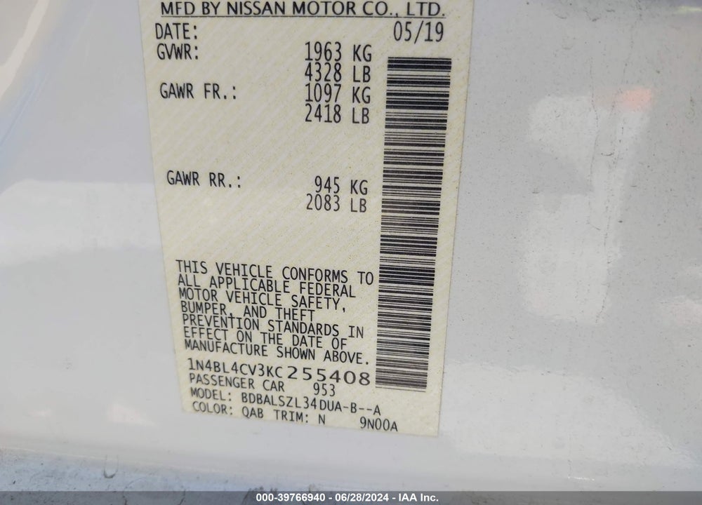2019 NISSAN ALTIMA 2.5 SR VIN: 1N4BL4CV3KC255408