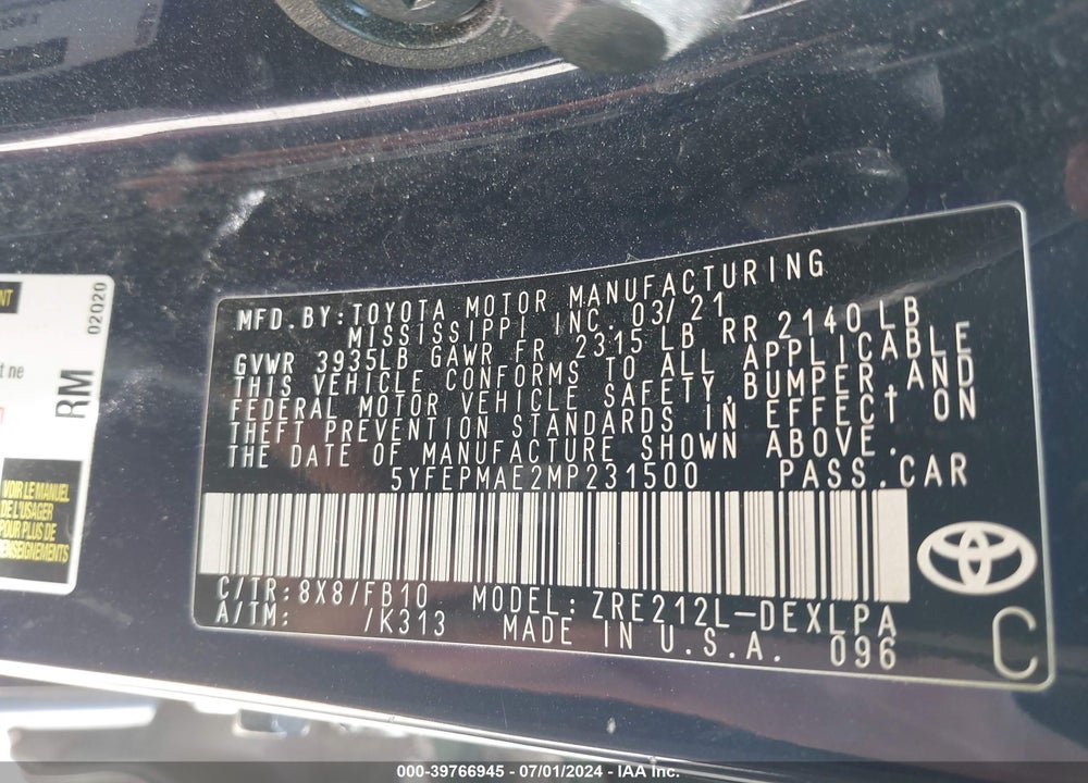 2021 TOYOTA COROLLA LE VIN: 5YFEPMAE2MP231500
