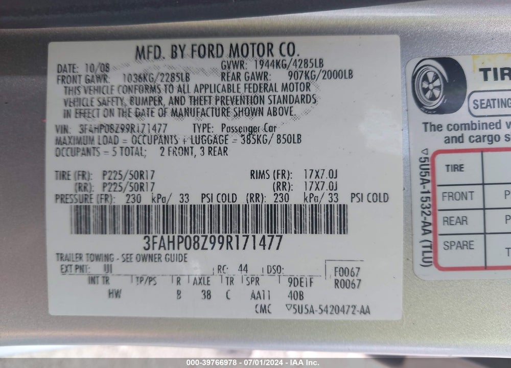 2009 FORD FUSION SEL VIN: 3FAHP08Z99R171477