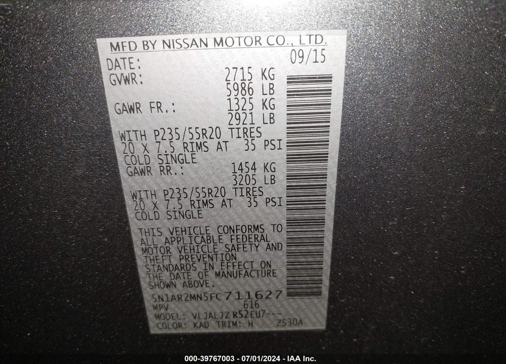 2015 NISSAN PATHFINDER PLATINUM VIN: 5N1AR2MN5FC711627