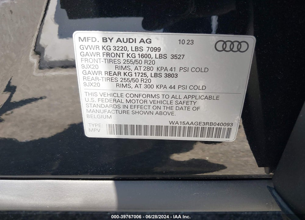 2024 AUDI Q8 E-TRON PREMIUM PLUS QUATTRO VIN: WA15AAGE3RB040093