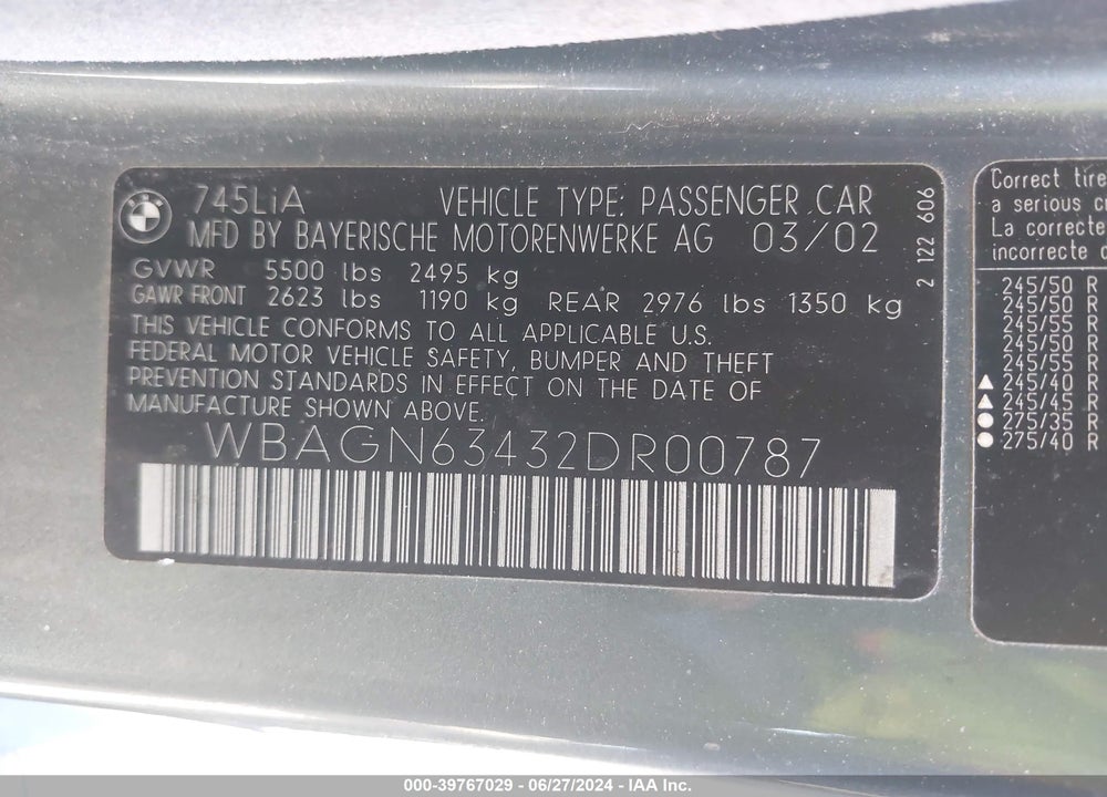 2002 BMW 745LI VIN: WBAGN63432DR00787