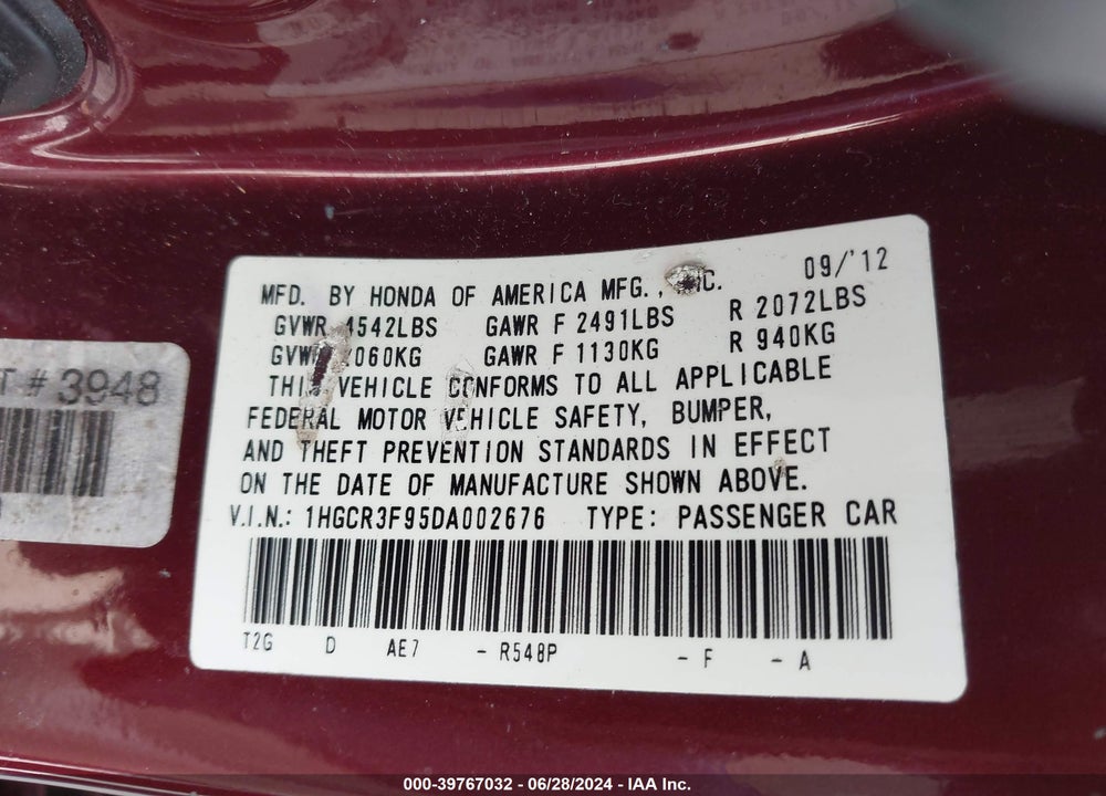 2013 HONDA ACCORD TOURING VIN: 1HGCR3F95DA002676