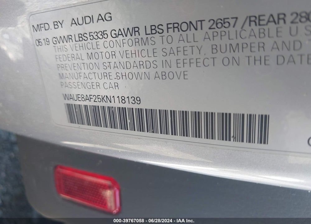 2019 AUDI A6 45 PREMIUM VIN: WAUE8AF25KN118139