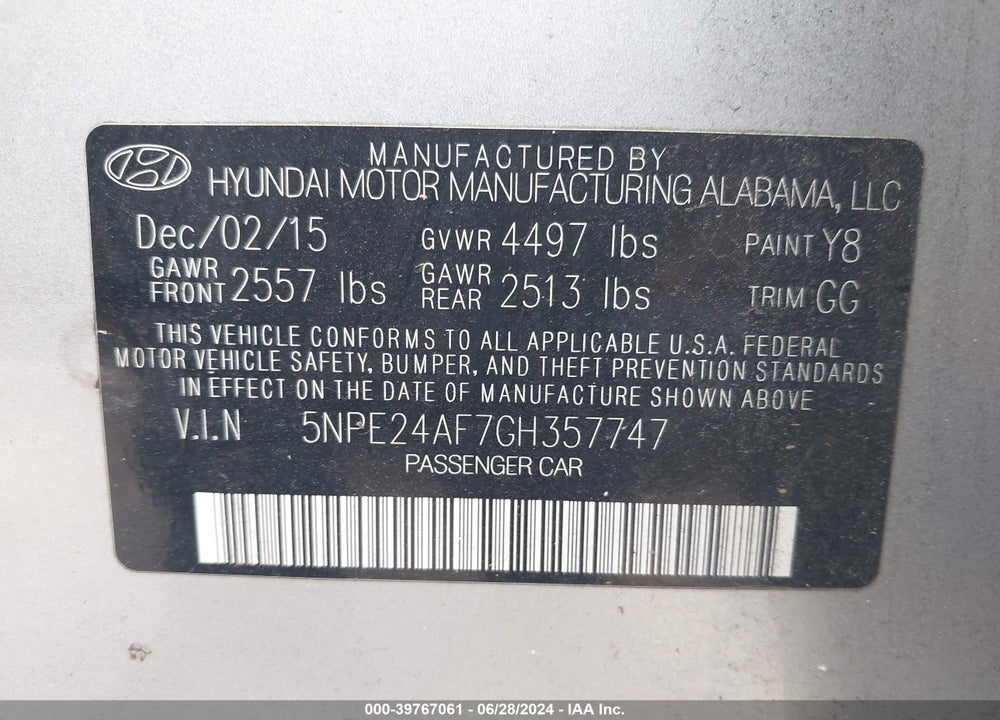 2016 HYUNDAI SONATA SE VIN: 5NPE24AF7GH357747