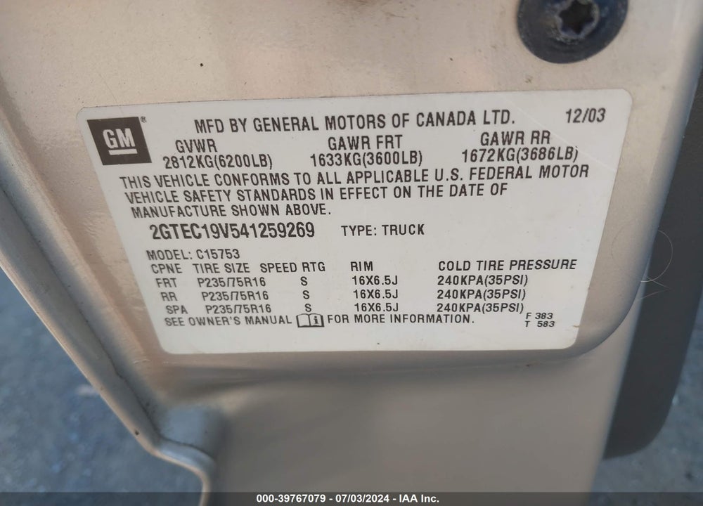 2004 GMC SIERRA 1500 VIN: 2GTEC19V541259269