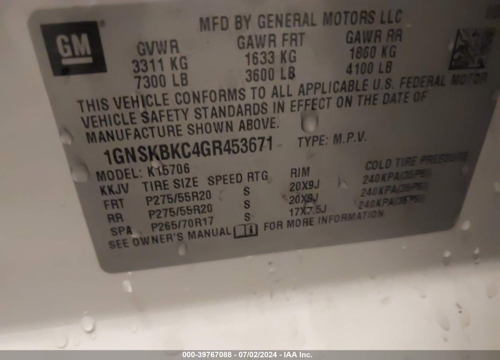 2016 CHEVROLET TAHOE VIN: 1GNSKBKC4GR453671