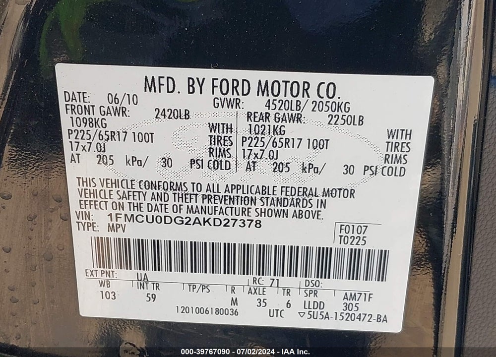 2010 FORD ESCAPE VIN: 1FMCU0DG2AKD27378