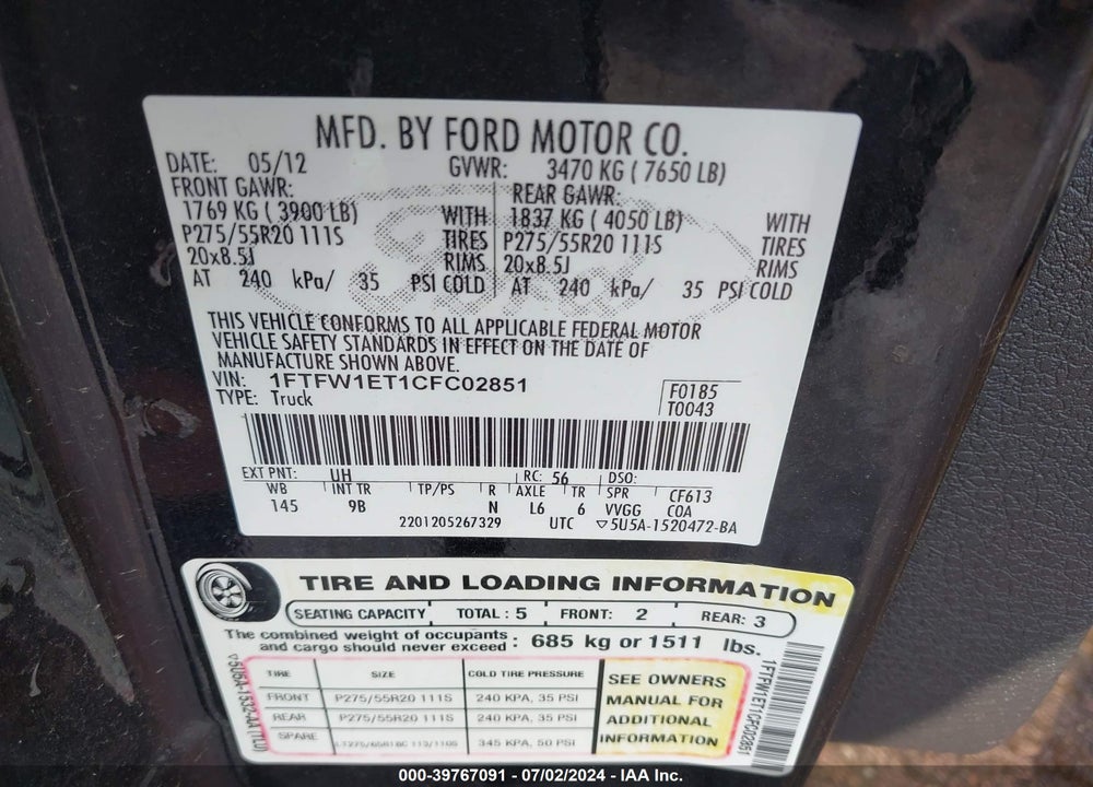 2012 FORD F-150 PLATINUM VIN: 1FTFW1ET1CFC02851