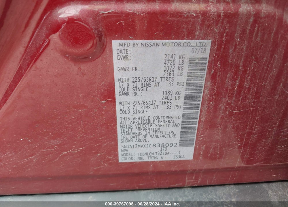 2018 NISSAN ROGUE SV VIN: 5N1AT2MVXJC838092