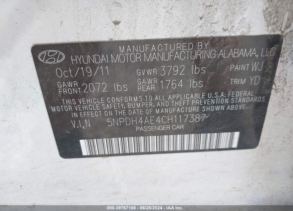 2012 HYUNDAI ELANTRA GLS VIN: 5NPDH4AE4CH117387
