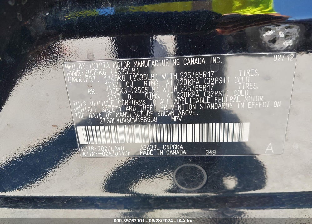 2012 TOYOTA RAV4 LIMITED VIN: 2T3DF4DV9CW188658
